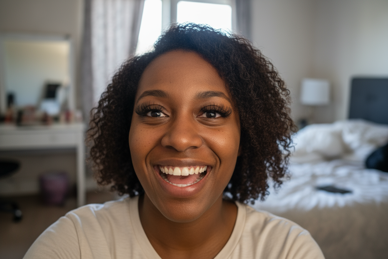 je veux que tu me génère une image de profil réseau que tout le monde peux faire chez soit pour montrer une personne contente de ses faux cils. cette photo servira de photo d'avis, commentaire de mon site. il faut pas que la photo soit trop travailler  mais réaliste comme une photo prise en selfie avec une fille noir 