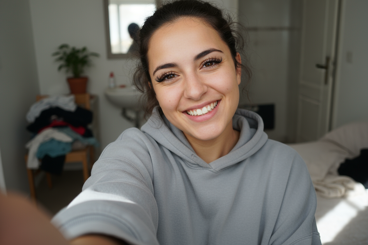 je veux que tu me génère une image de profil réseau que tout le monde peux faire chez soit pour montrer une personne contente de ses faux cils. cette photo servira de photo d'avis, commentaire de mon site. il faut pas que la photo soit trop travailler  mais réaliste comme une photo prise en selfie d'une etudiante espagnole