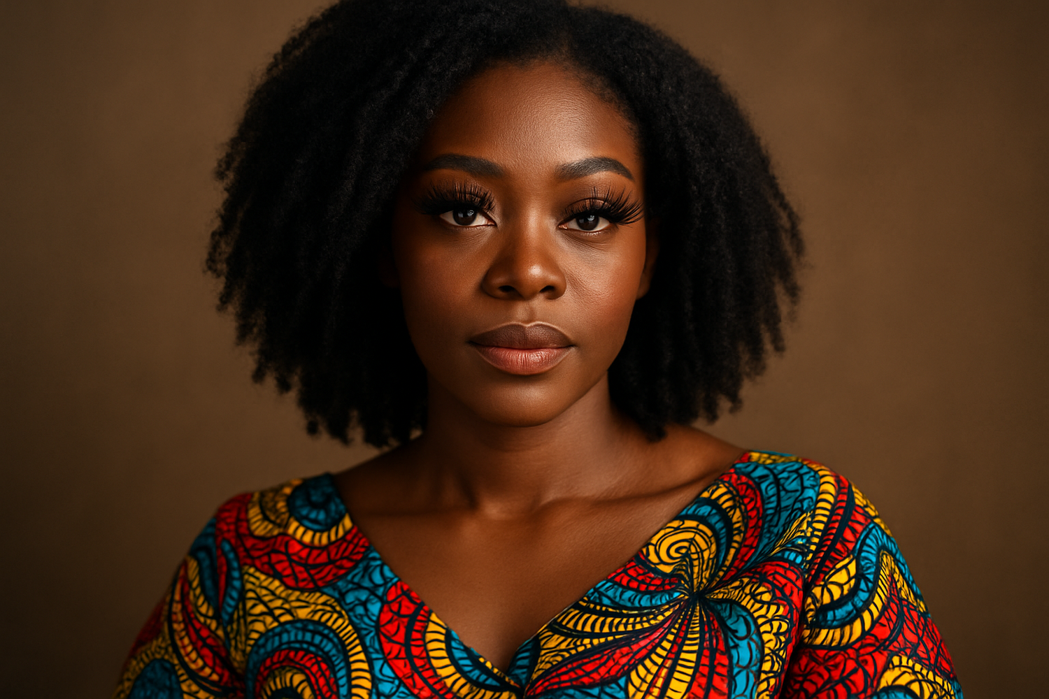 PEUX TU FAIRE LE VISAGE d'une fille noir avec de beau cil et un vetement en pagne 