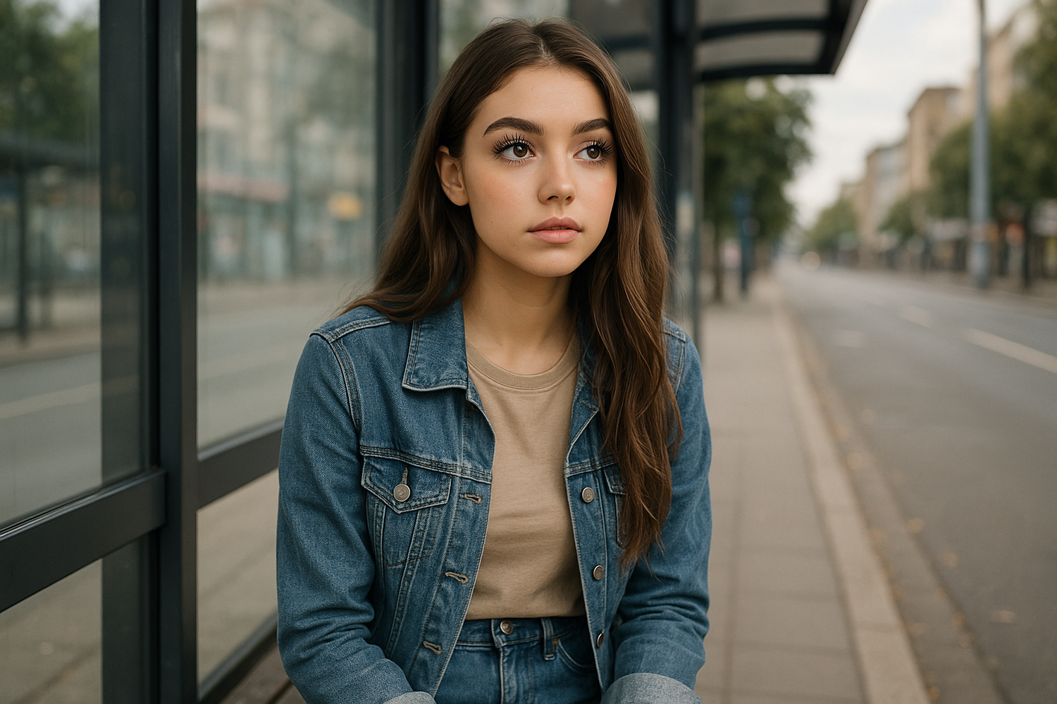 peux tu me faire une fille de 18ans avec de beaux cil à l'arret d'un bus 