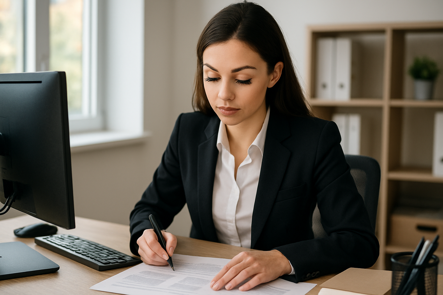 une fille pris en photo travaillent au buereau avec ses beau cils 