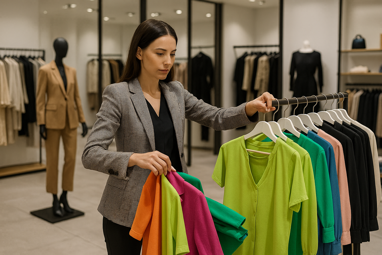 une vendeuse en pret à porter qui change de marchandise 